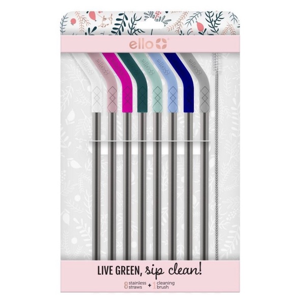 Ello Stainless Steel Silicone Tip Straws with Straw Cleaner 8 pack - Picture 1 of 6